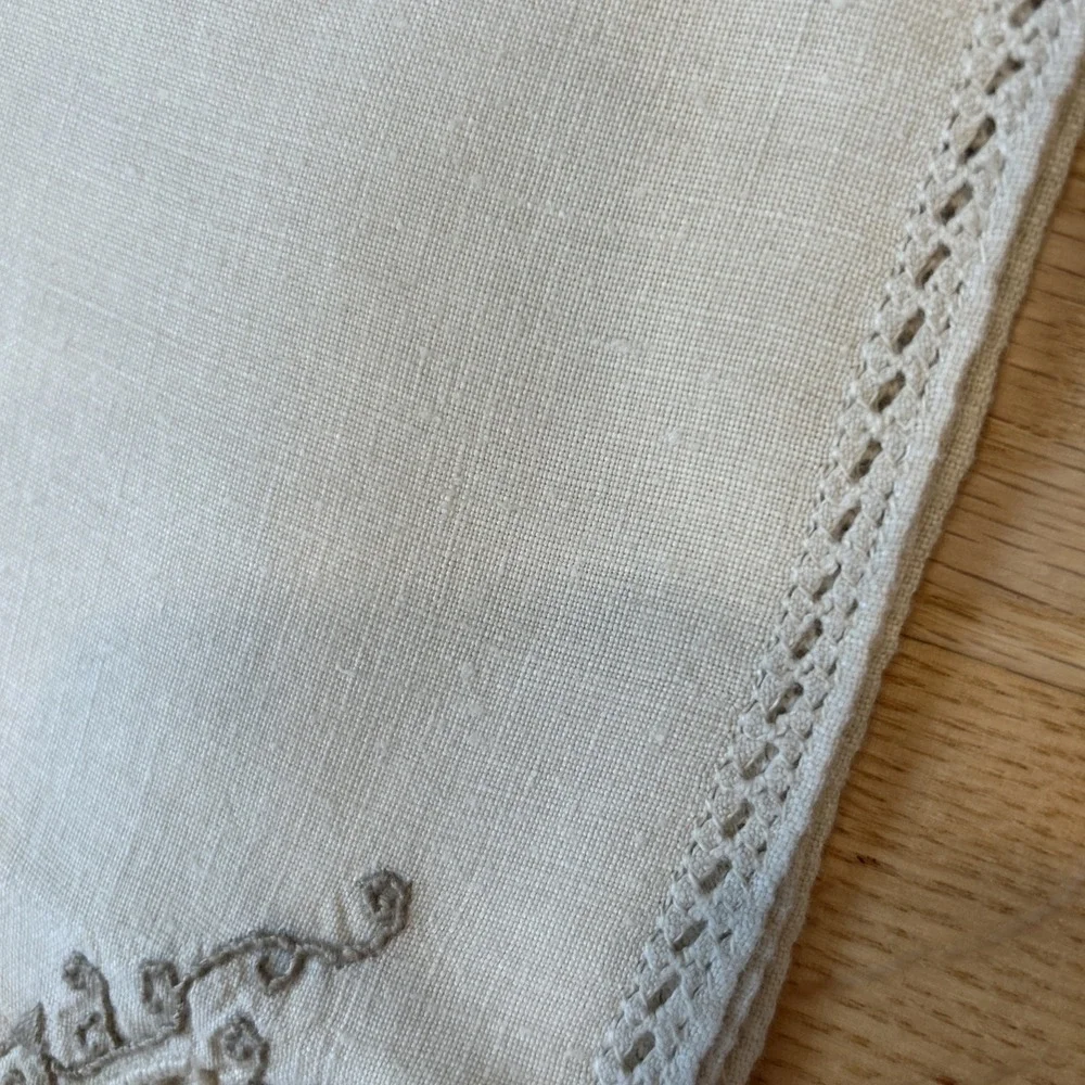 Vintage Madeira Linen Dinner Napkins Set 11 Taupe Embroidered Needle Lace XL